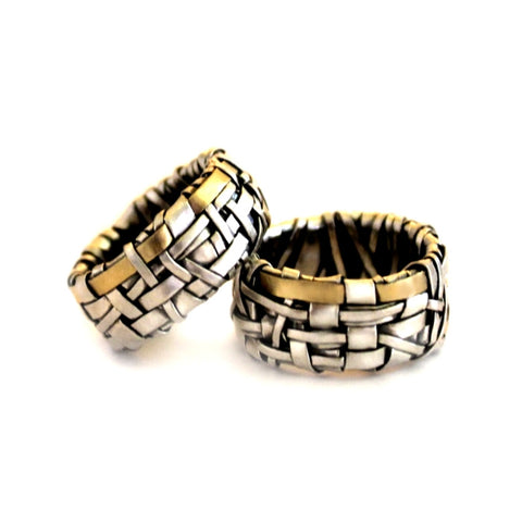 woven series partnership rings made to order by jewellery designer gurgel-segrillo handcrafted in silver and gold,