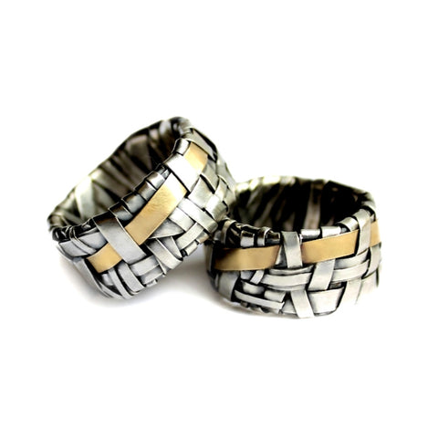 woven series partnership rings made to order by jewellery designer gurgel-segrillo handcrafted in silver and gold, 