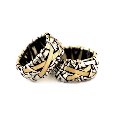 woven series partnership rings made to order by jewellery designer gurgel-segrillo handcrafted in silver and gold,