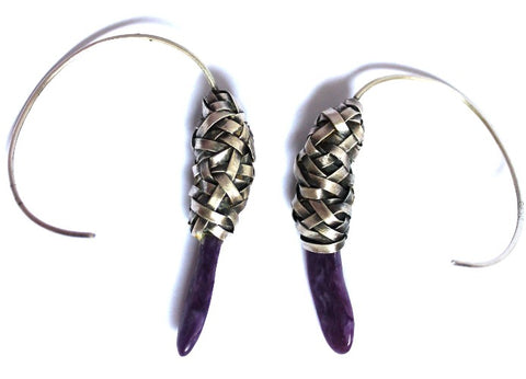 woven charoite and silver loop earrings handcrafted by jewelry designer P Gurgel Segrillo
