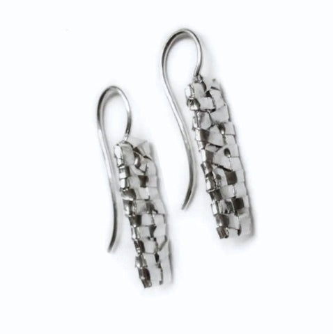woven silver rectangle on chain earrings handcrafted in fine and sterling silvers by contemporary jewellery designer gurgel-segrillo