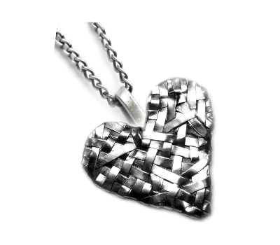 woven heart pendant handcrafted in silver  by studio jewellery designer gurgel-segrillo
