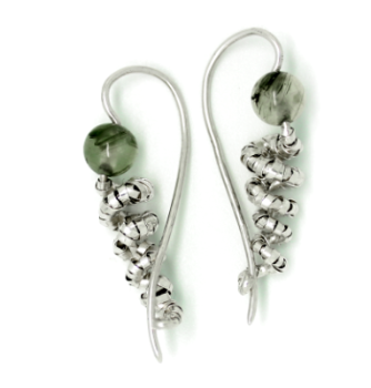 silver spiral earrings handcrafted in silver and rutilated quartz - art jewellery by artist gurgel-segrillo