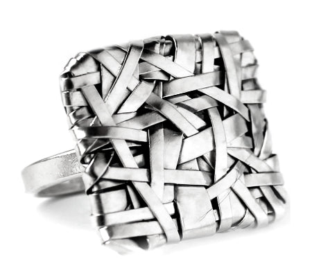 woven square ring mixed weave, handcrafted in silver by contemporary jewellery designer gurgel-segrillo