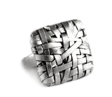 woven square ring wide weave handcrafted in silver by contemporary jewellery designer gurgel-segrillo
